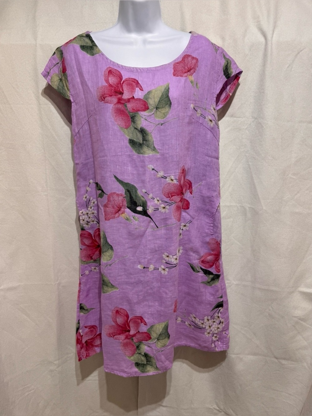 Made In Italy 100% Linen Purple Floral Cap Sleeve Midi Shift Dress Med Lagenlook